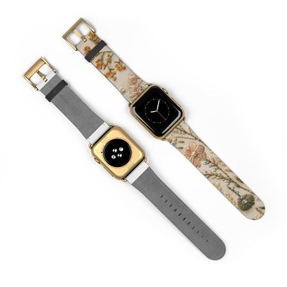 Apple Watch-Armband mit natürlicher botanischer Illustration, elegantes beiges Blumendesign, neutral getöntes Smartwatch-Armband. Apple Watch-Armbänder für die Serie 4, 5, 6, 7, 8, 9, ULTRA SE, 38/40/41 mm und 42/44/45 mm, veganes Kunstlederarmband