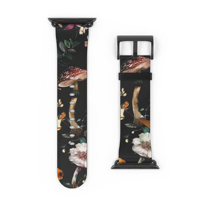 Enchanted Forest Flora Apple Watch Band, Mystical Mushroom and Blooms Smartwatch Strap, Dark Botanical Wristband Accessory. Apple Watch Band Apple Watch Straps For Series 4 5 6 7 8 9 ULTRA SE 38/40/41mm & 42/44/45mm Vegan Faux Leather Band