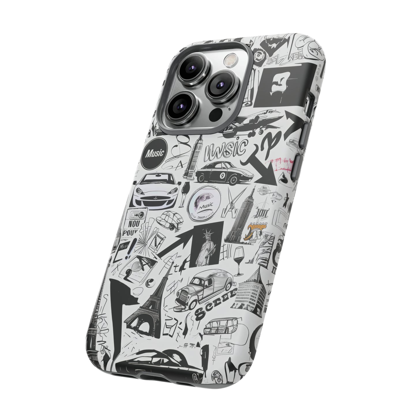 Iconica custodia per telefono con collage musicale in bianco e nero, cover dal design grafico moderno per audiofili, custodie per telefoni resistenti