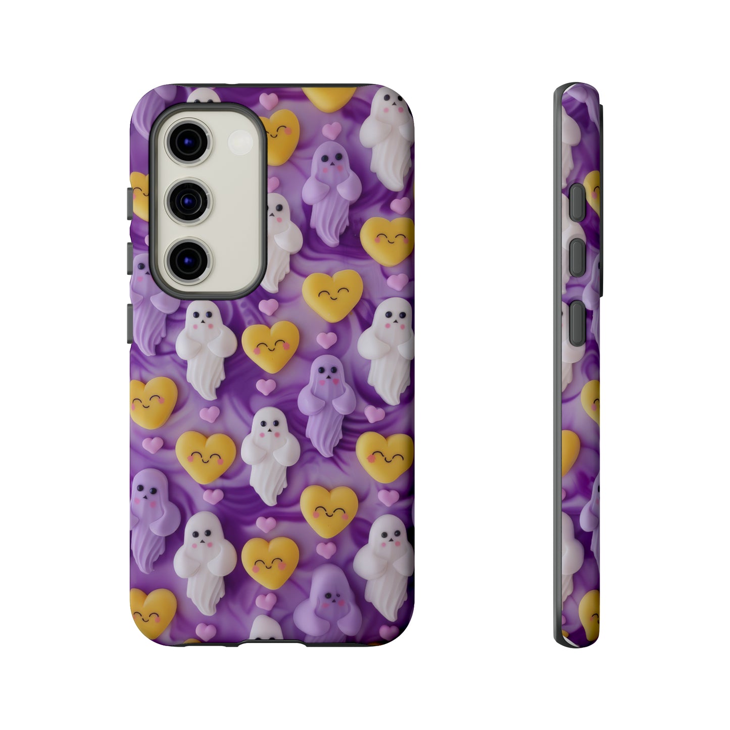 Purple Passion Ghostly Hearts Phone Case, Adorable Spirits with Love Emojis Cover for Smartphones, Tough Phone Cases