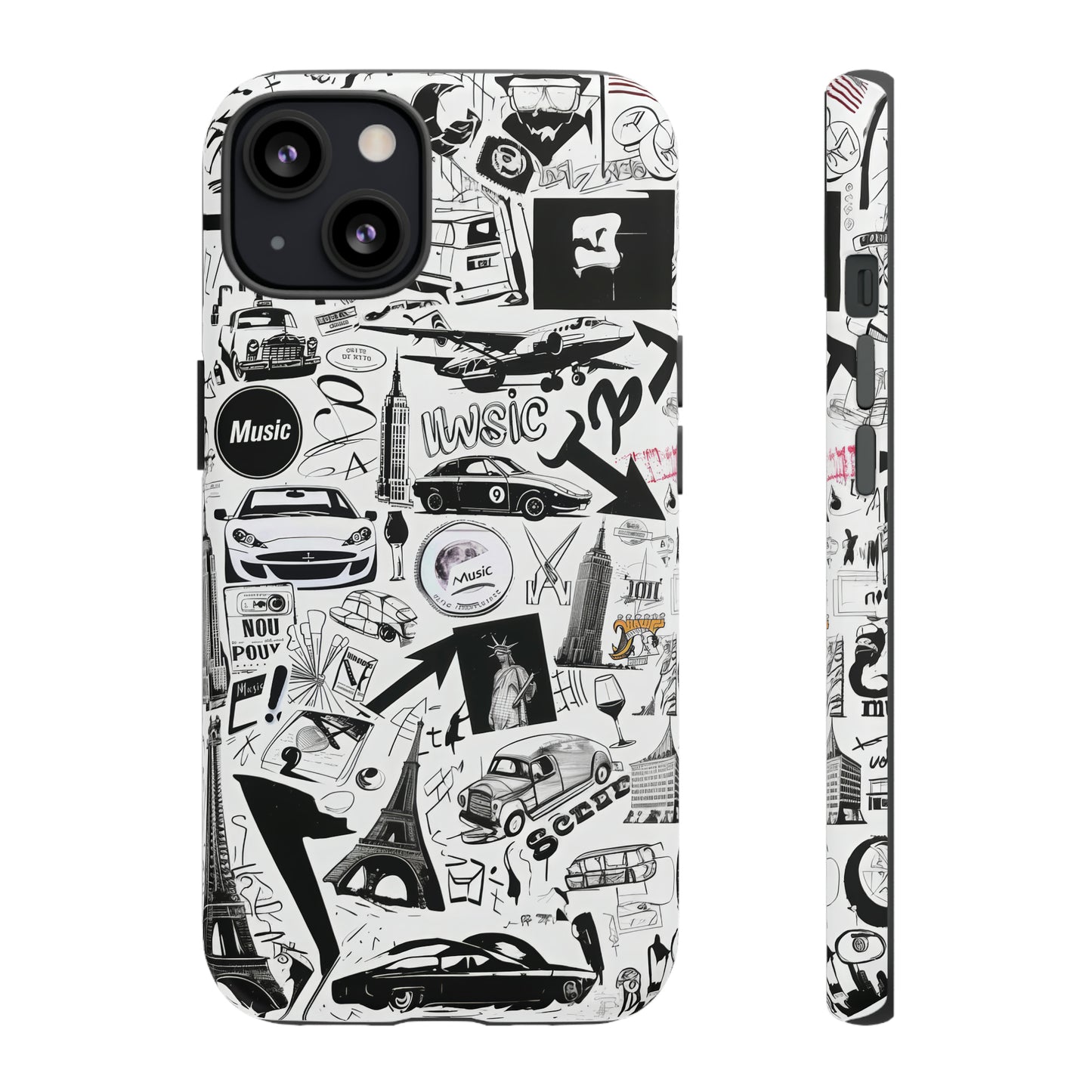 Iconica custodia per telefono con collage musicale in bianco e nero, cover dal design grafico moderno per audiofili, custodie per telefoni resistenti