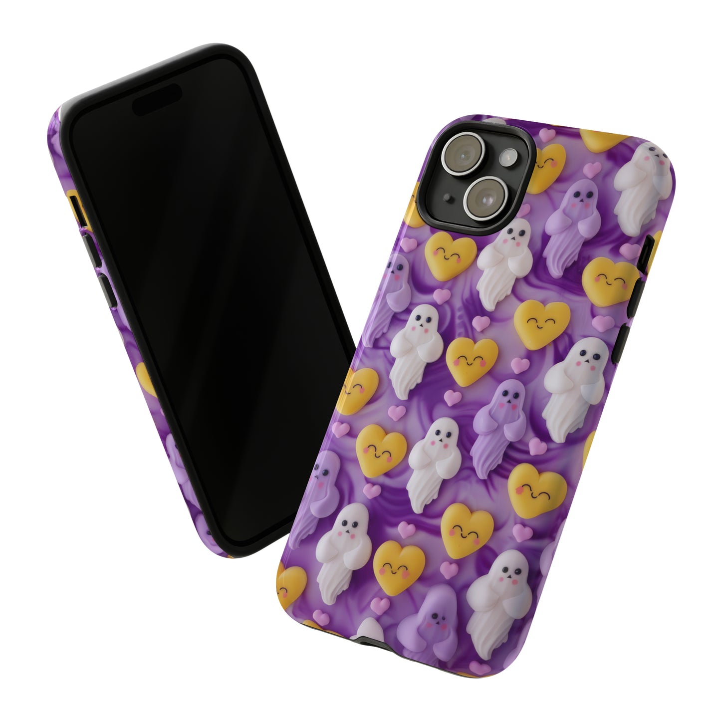 Purple Passion Ghostly Hearts Phone Case, Adorable Spirits with Love Emojis Cover for Smartphones, Tough Phone Cases