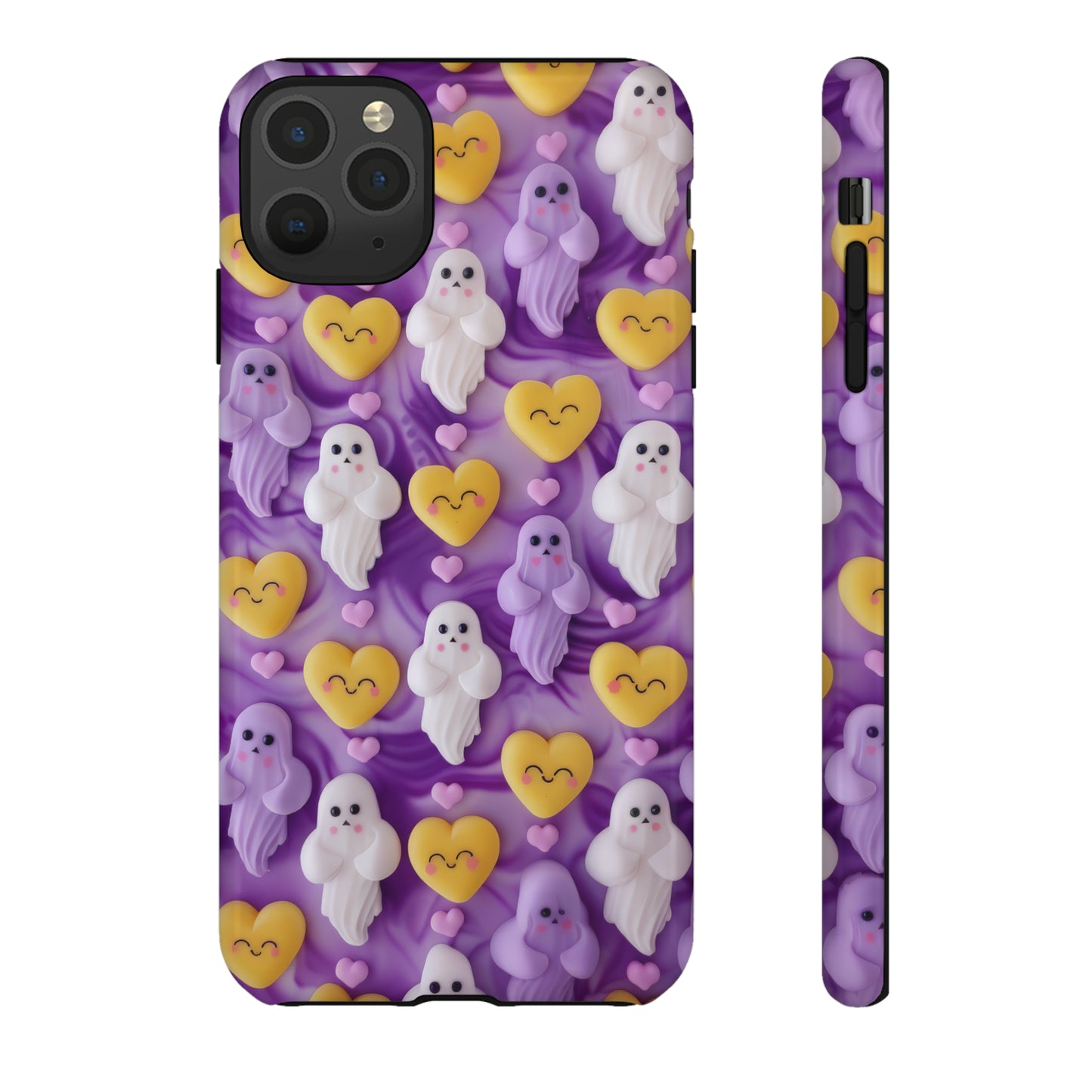 Purple Passion Ghostly Hearts Phone Case, Adorable Spirits with Love Emojis Cover for Smartphones, Tough Phone Cases