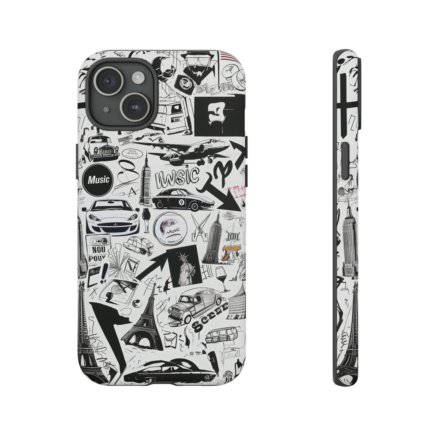 Iconica custodia per telefono con collage musicale in bianco e nero, cover dal design grafico moderno per audiofili, custodie per telefoni resistenti