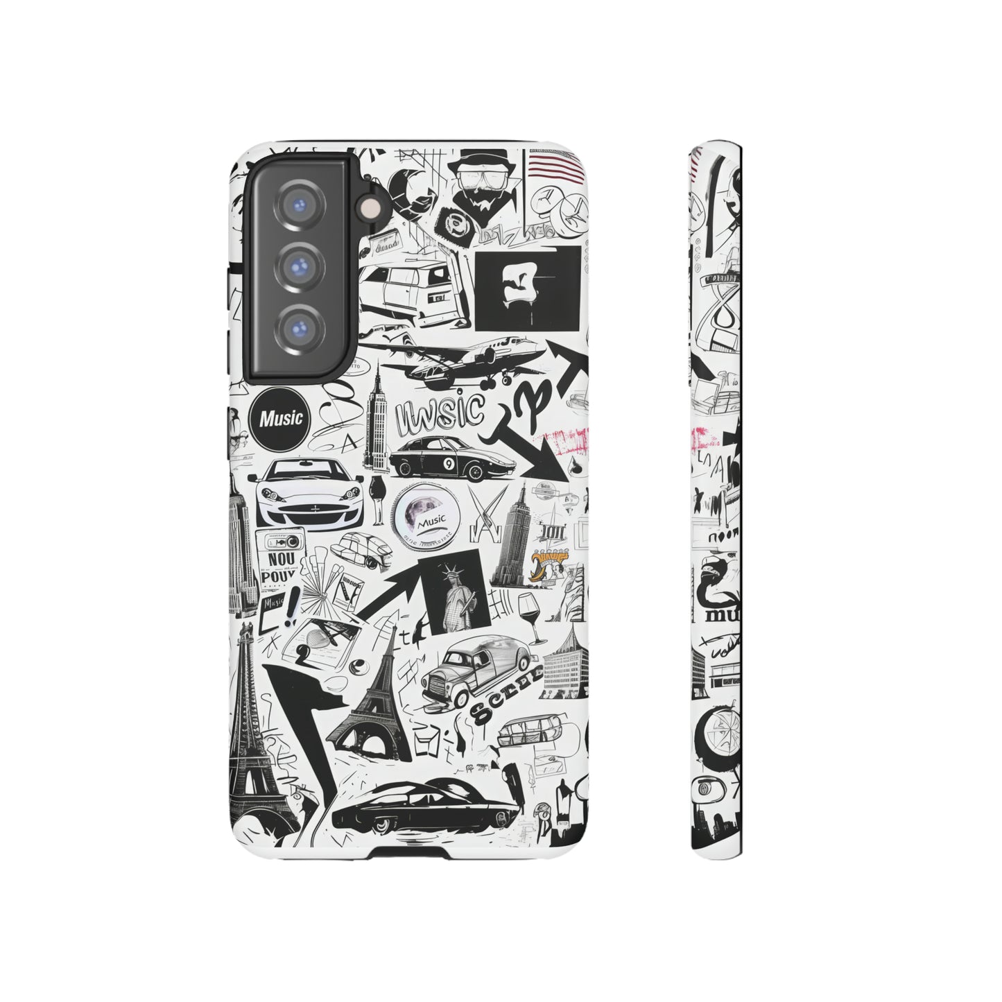 Iconica custodia per telefono con collage musicale in bianco e nero, cover dal design grafico moderno per audiofili, custodie per telefoni resistenti