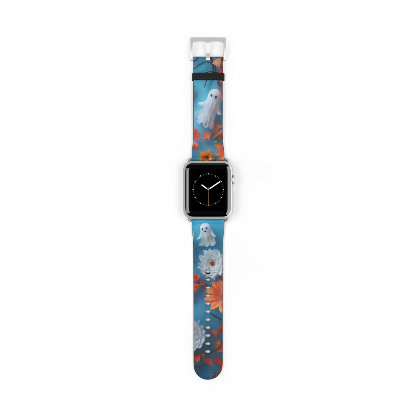 Charming Ghosts and Autumn Leaves Apple Watch Band, Spooky Cute Floral Design, Seasonal Smartwatch Strap. Apple Watch Band Apple Watch Straps For Series 4 5 6 7 8 9 ULTRA SE 38/40/41mm & 42/44/45mm Vegan Faux Leather Band