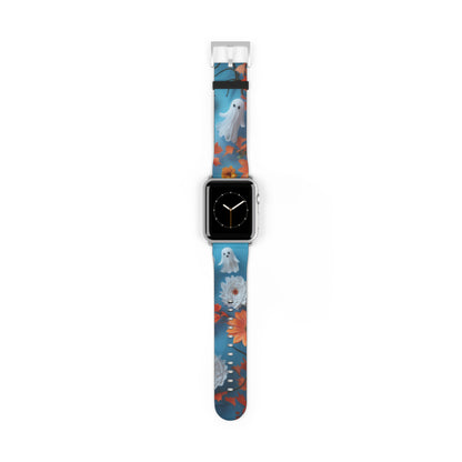 Charming Ghosts and Autumn Leaves Apple Watch Band, Spooky Cute Floral Design, Seasonal Smartwatch Strap. Apple Watch Band Apple Watch Straps For Series 4 5 6 7 8 9 ULTRA SE 38/40/41mm & 42/44/45mm Vegan Faux Leather Band