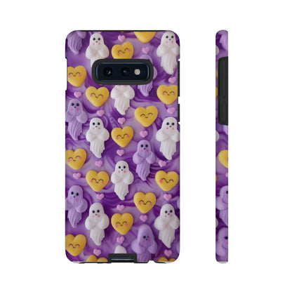 Purple Passion Ghostly Hearts Phone Case, Adorable Spirits with Love Emojis Cover for Smartphones, Tough Phone Cases