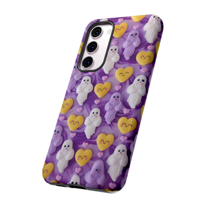 Purple Passion Ghostly Hearts Phone Case, Adorable Spirits with Love Emojis Cover for Smartphones, Tough Phone Cases