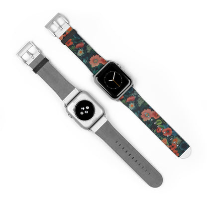 Enchanted Garden Floral Apple Watch Band, Lush Botanical Print, Elegant Dark Background Smartwatch Strap. Apple Watch Band Apple Watch Straps For Series 4 5 6 7 8 9 ULTRA SE 38/40/41mm & 42/44/45mm Vegan Faux Leather Band