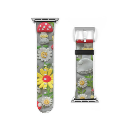 Verzaubertes Wald-Gänseblümchen- und Pilz-Apple-Watch-Armband, skurriles Smartwatch-Armband mit Naturmotiven. Apple Watch-Armband, Apple Watch-Armbänder für Serie 4, 5, 6, 7, 8, 9, ULTRA SE, 38/40/41 mm und 42/44/45 mm, veganes Kunstlederarmband