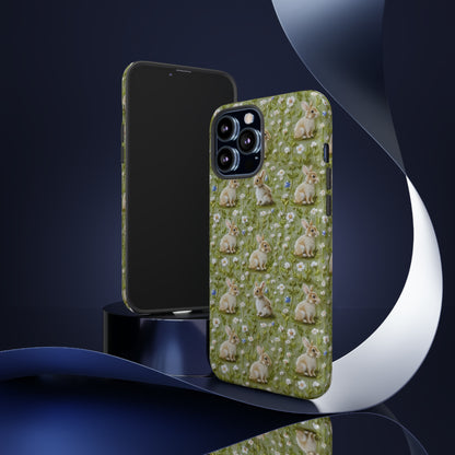 Custodia per iPhone Meadow Rabbits, design Serene Spring Wildlife, custodia protettiva di ispirazione ecologica, custodie per telefoni resistenti