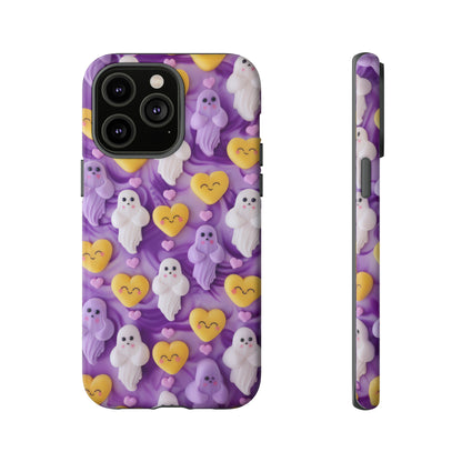 Purple Passion Ghostly Hearts Phone Case, Adorable Spirits with Love Emojis Cover for Smartphones, Tough Phone Cases