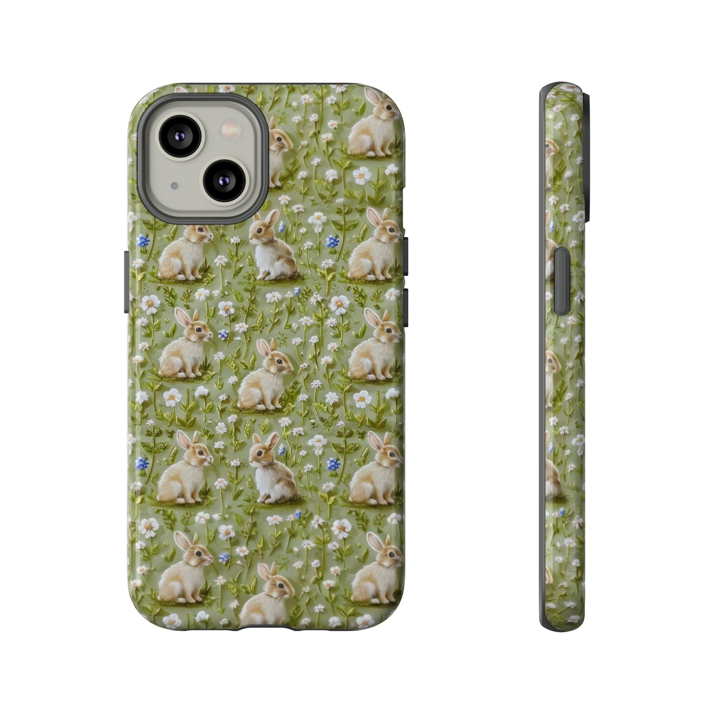 Custodia per iPhone Meadow Rabbits, design Serene Spring Wildlife, custodia protettiva di ispirazione ecologica, custodie per telefoni resistenti