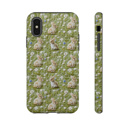 Custodia per iPhone Meadow Rabbits, design Serene Spring Wildlife, custodia protettiva di ispirazione ecologica, custodie per telefoni resistenti