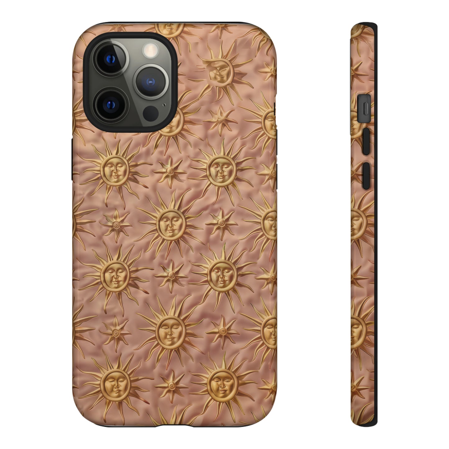 Custodia per iPhone con motivo sole celeste, design solare 3D strutturato, custodia protettiva lussuosa, custodie per telefono resistenti