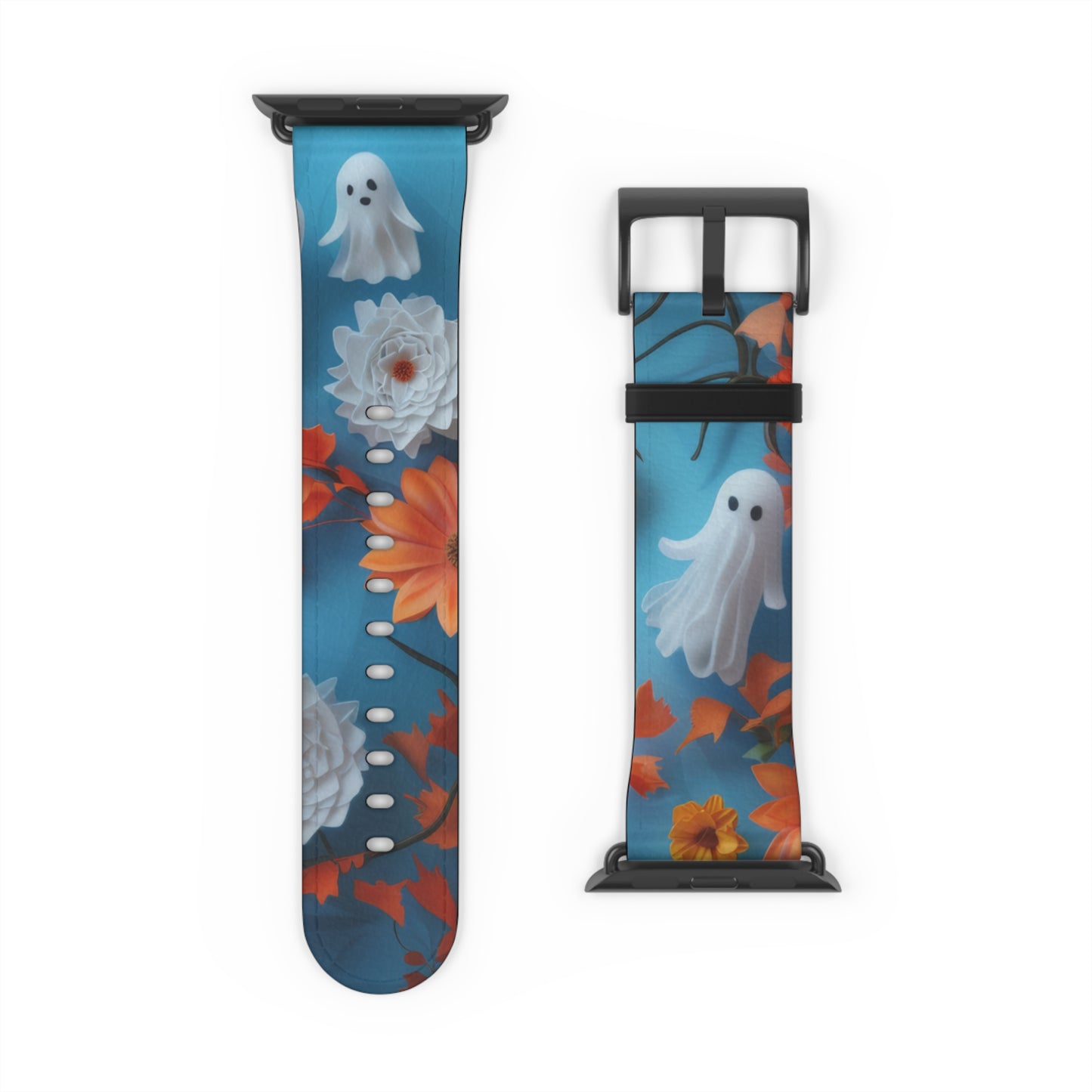 Charming Ghosts and Autumn Leaves Apple Watch Band, Spooky Cute Floral Design, Seasonal Smartwatch Strap. Apple Watch Band Apple Watch Straps For Series 4 5 6 7 8 9 ULTRA SE 38/40/41mm & 42/44/45mm Vegan Faux Leather Band