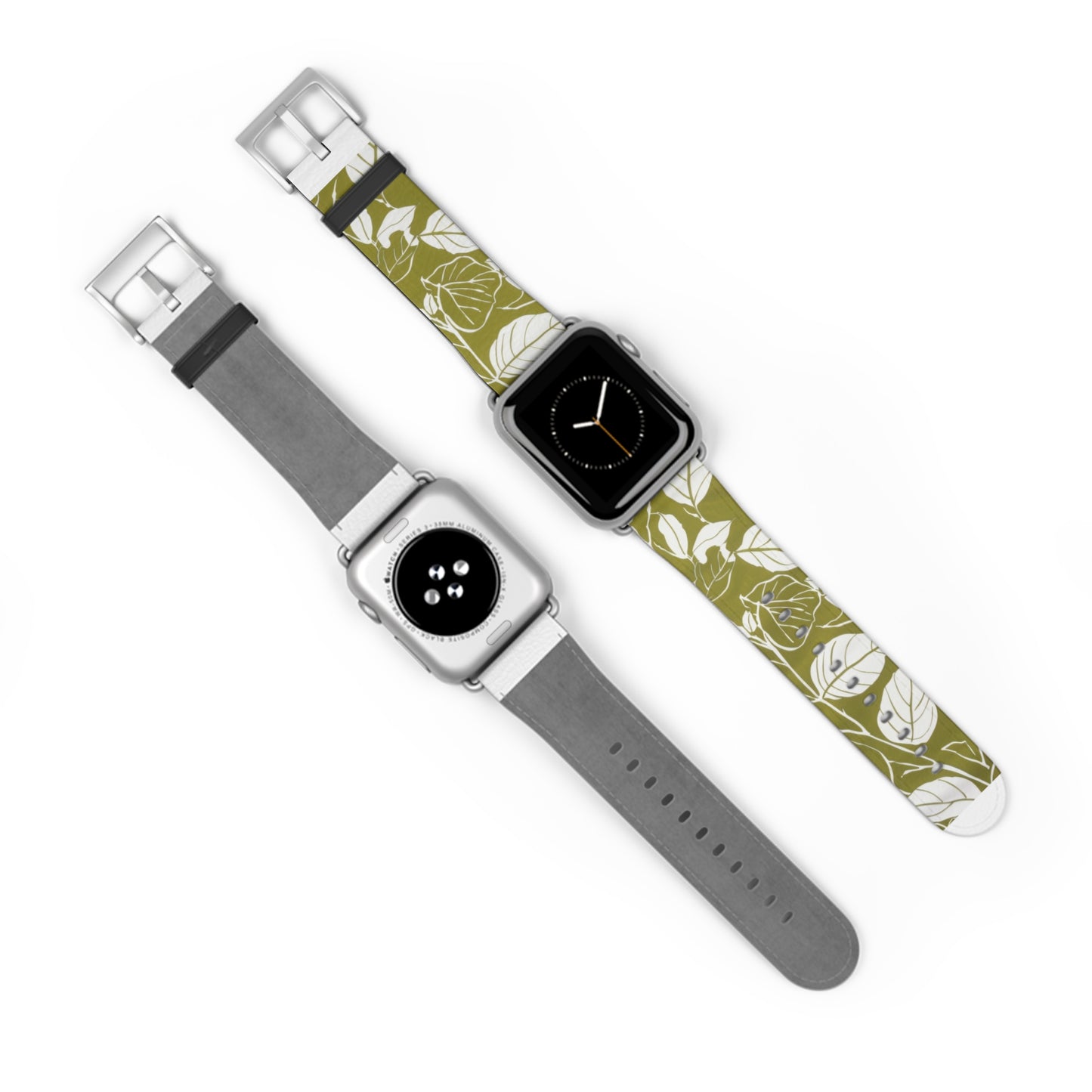 Apple Watch-Armband mit olivgrünem Blattmuster | Öko-Chic-Armband im Natur-Stil. Apple Watch-Armband, Apple Watch-Armbänder für Serie 4, 5, 6, 7, 8, 9, ULTRA SE, 38/40/41 mm und 42/44/45 mm, veganes Kunstlederarmband 