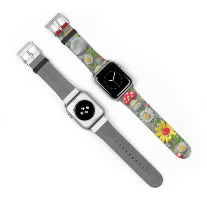 Verzaubertes Wald-Gänseblümchen- und Pilz-Apple-Watch-Armband, skurriles Smartwatch-Armband mit Naturmotiven. Apple Watch-Armband, Apple Watch-Armbänder für Serie 4, 5, 6, 7, 8, 9, ULTRA SE, 38/40/41 mm und 42/44/45 mm, veganes Kunstlederarmband