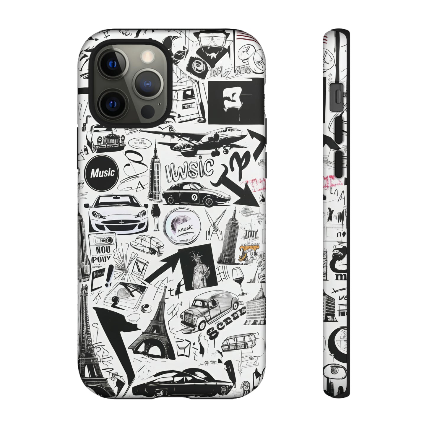 Iconica custodia per telefono con collage musicale in bianco e nero, cover dal design grafico moderno per audiofili, custodie per telefoni resistenti