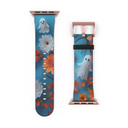 Charming Ghosts and Autumn Leaves Apple Watch Band, Spooky Cute Floral Design, Seasonal Smartwatch Strap. Apple Watch Band Apple Watch Straps For Series 4 5 6 7 8 9 ULTRA SE 38/40/41mm & 42/44/45mm Vegan Faux Leather Band