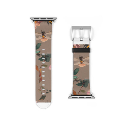 Nature-Inspired Bee and Floral Apple Watch Band, Pollinator Garden Smartwatch Strap, Unique Botanical Wristband Design. Apple Watch Band Apple Watch Straps For Series 4 5 6 7 8 9 ULTRA SE 38/40/41mm & 42/44/45mm Vegan Faux Leather Band