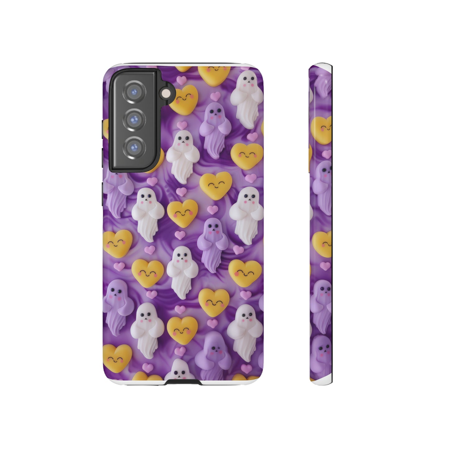 Purple Passion Ghostly Hearts Phone Case, Adorable Spirits with Love Emojis Cover for Smartphones, Tough Phone Cases