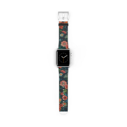 Enchanted Garden Floral Apple Watch Band, Lush Botanical Print, Elegant Dark Background Smartwatch Strap. Apple Watch Band Apple Watch Straps For Series 4 5 6 7 8 9 ULTRA SE 38/40/41mm & 42/44/45mm Vegan Faux Leather Band