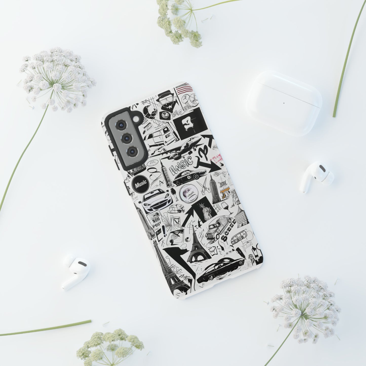 Iconica custodia per telefono con collage musicale in bianco e nero, cover dal design grafico moderno per audiofili, custodie per telefoni resistenti