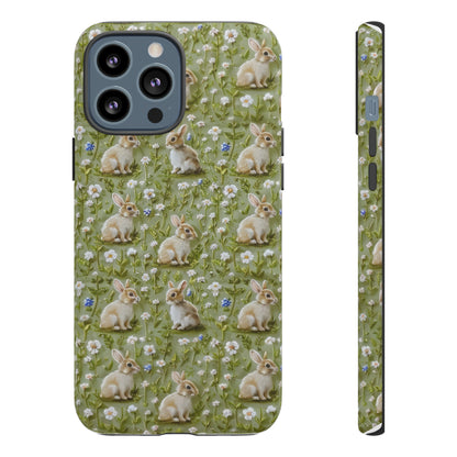 Custodia per iPhone Meadow Rabbits, design Serene Spring Wildlife, custodia protettiva di ispirazione ecologica, custodie per telefoni resistenti