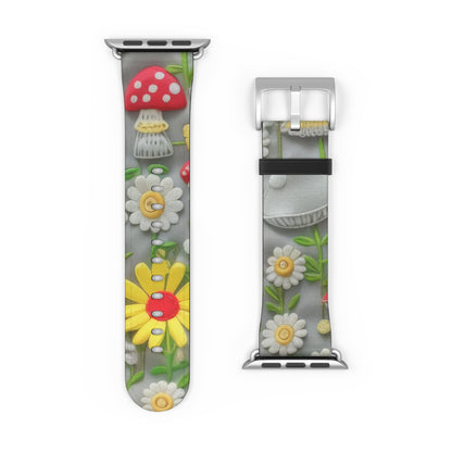 Verzaubertes Wald-Gänseblümchen- und Pilz-Apple-Watch-Armband, skurriles Smartwatch-Armband mit Naturmotiven. Apple Watch-Armband, Apple Watch-Armbänder für Serie 4, 5, 6, 7, 8, 9, ULTRA SE, 38/40/41 mm und 42/44/45 mm, veganes Kunstlederarmband