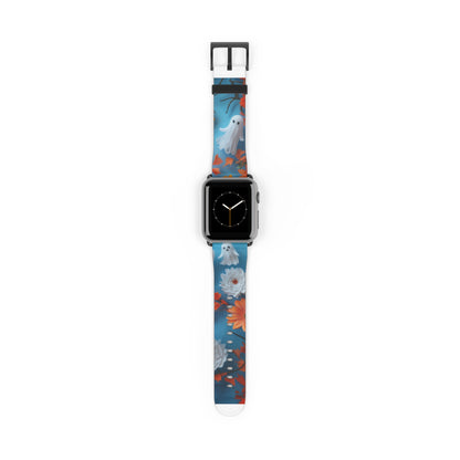 Charming Ghosts and Autumn Leaves Apple Watch Band, Spooky Cute Floral Design, Seasonal Smartwatch Strap. Apple Watch Band Apple Watch Straps For Series 4 5 6 7 8 9 ULTRA SE 38/40/41mm & 42/44/45mm Vegan Faux Leather Band