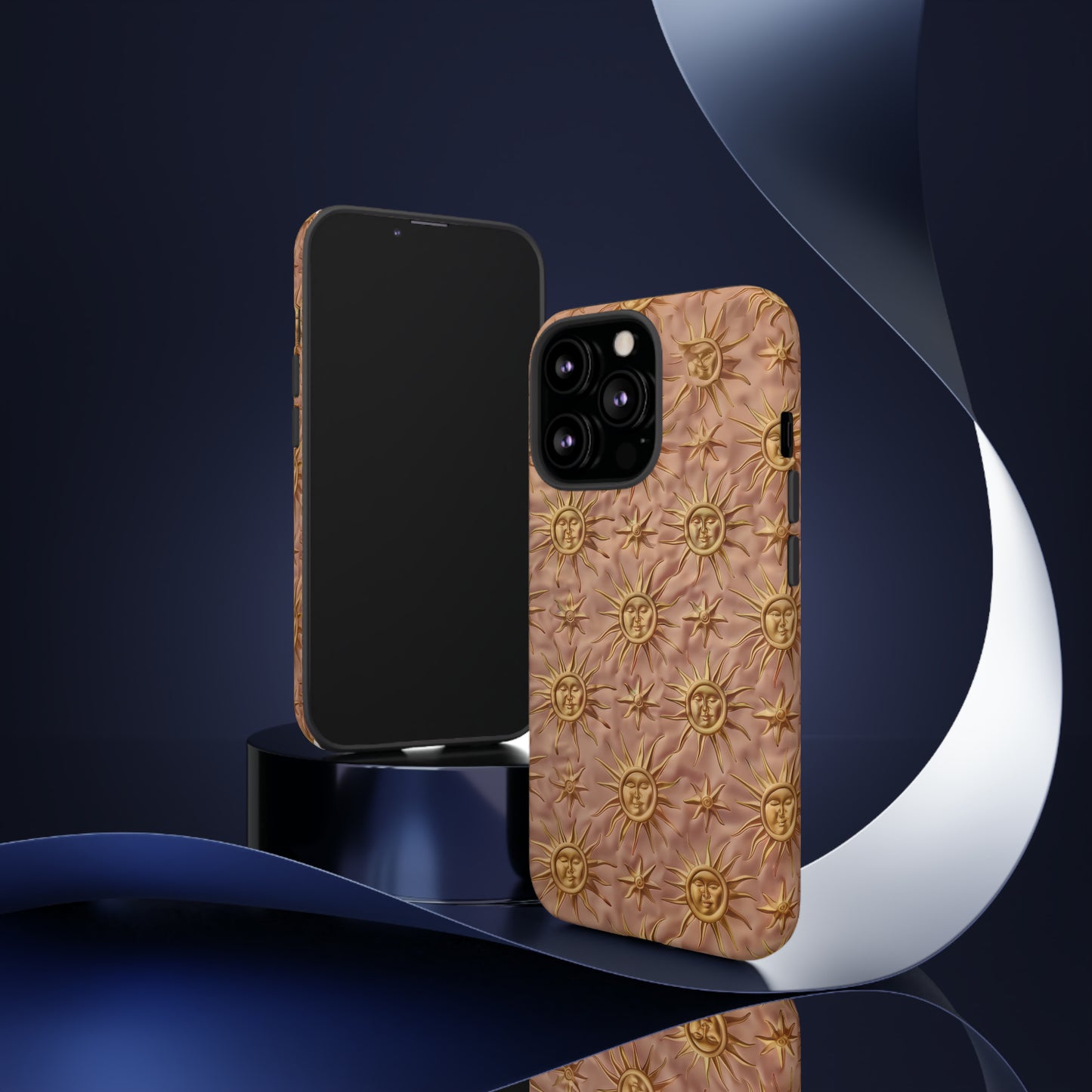 Custodia per iPhone con motivo sole celeste, design solare 3D strutturato, custodia protettiva lussuosa, custodie per telefono resistenti