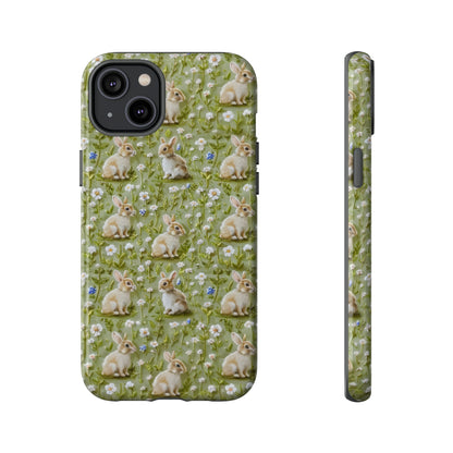 Custodia per iPhone Meadow Rabbits, design Serene Spring Wildlife, custodia protettiva di ispirazione ecologica, custodie per telefoni resistenti