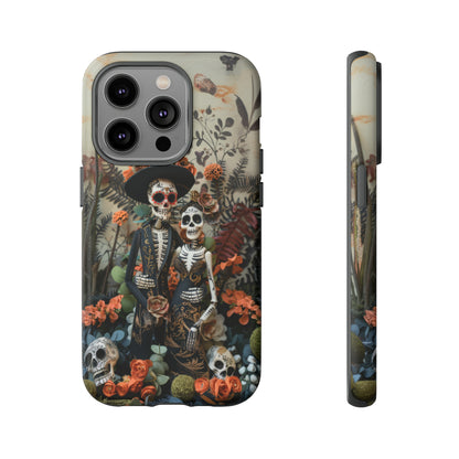 Custodia per telefono Dia de los Muertos, Cover con design di coppia scheletrica, Accessorio protettivo festivo per telefono, Custodie per telefono resistenti 