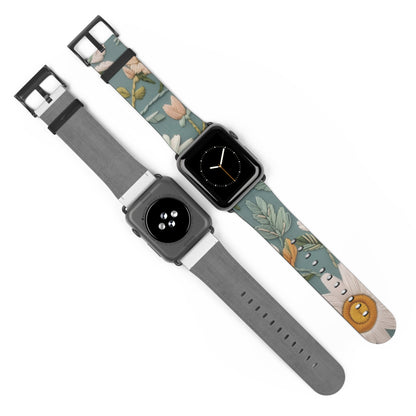 Serene Floral Tapestry Apple Watch Band, Soft Pastel Botanicals on Duck Egg Blue, Stylish Smartwatch Accessory. Apple Watch Band Apple Watch Straps For Series 4 5 6 7 8 9 ULTRA SE 38/40/41mm & 42/44/45mm Vegan Faux Leather Band