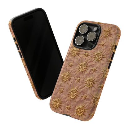 Custodia per iPhone con motivo sole celeste, design solare 3D strutturato, custodia protettiva lussuosa, custodie per telefono resistenti