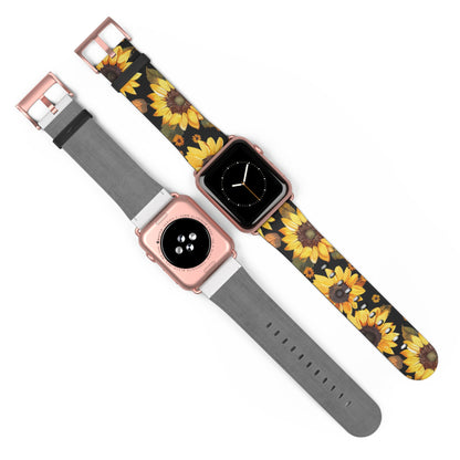 Sunflower Pattern Apple Watch Band | Floral Smartwatch Accessory | Designer Watch Strap | Unique Wearable Art | Gift for Sunflower Lovers. Apple Watch Band Apple Watch Straps For Series 4 5 6 7 8 9 ULTRA SE 38/40/41mm & 42/44/45mm Vegan Faux Leather Band