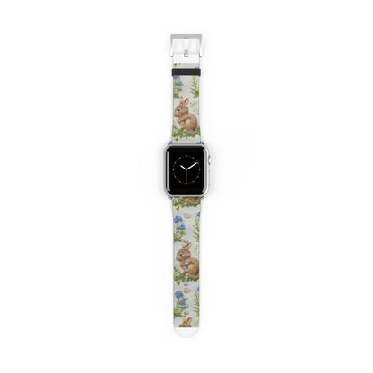 Springtime Bunny & Florals Apple Watch Band, Charming Rabbit Illustration, Pastel Blue Smartwatch Accessory. Apple Watch Band Apple Watch Straps For Series 4 5 6 7 8 9 ULTRA SE 38/40/41mm & 42/44/45mm Vegan Faux Leather Band