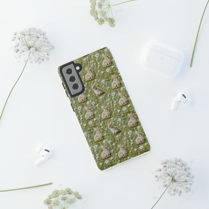 Custodia per iPhone Meadow Rabbits, design Serene Spring Wildlife, custodia protettiva di ispirazione ecologica, custodie per telefoni resistenti