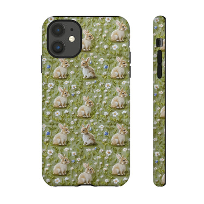 Custodia per iPhone Meadow Rabbits, design Serene Spring Wildlife, custodia protettiva di ispirazione ecologica, custodie per telefoni resistenti