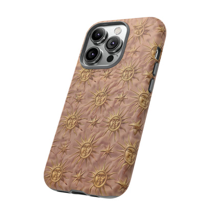 Custodia per iPhone con motivo sole celeste, design solare 3D strutturato, custodia protettiva lussuosa, custodie per telefono resistenti