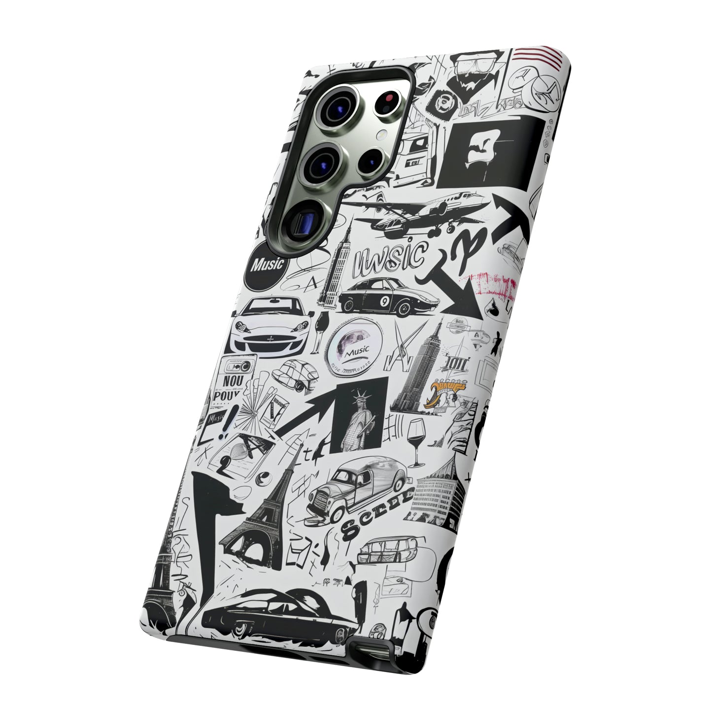 Iconica custodia per telefono con collage musicale in bianco e nero, cover dal design grafico moderno per audiofili, custodie per telefoni resistenti