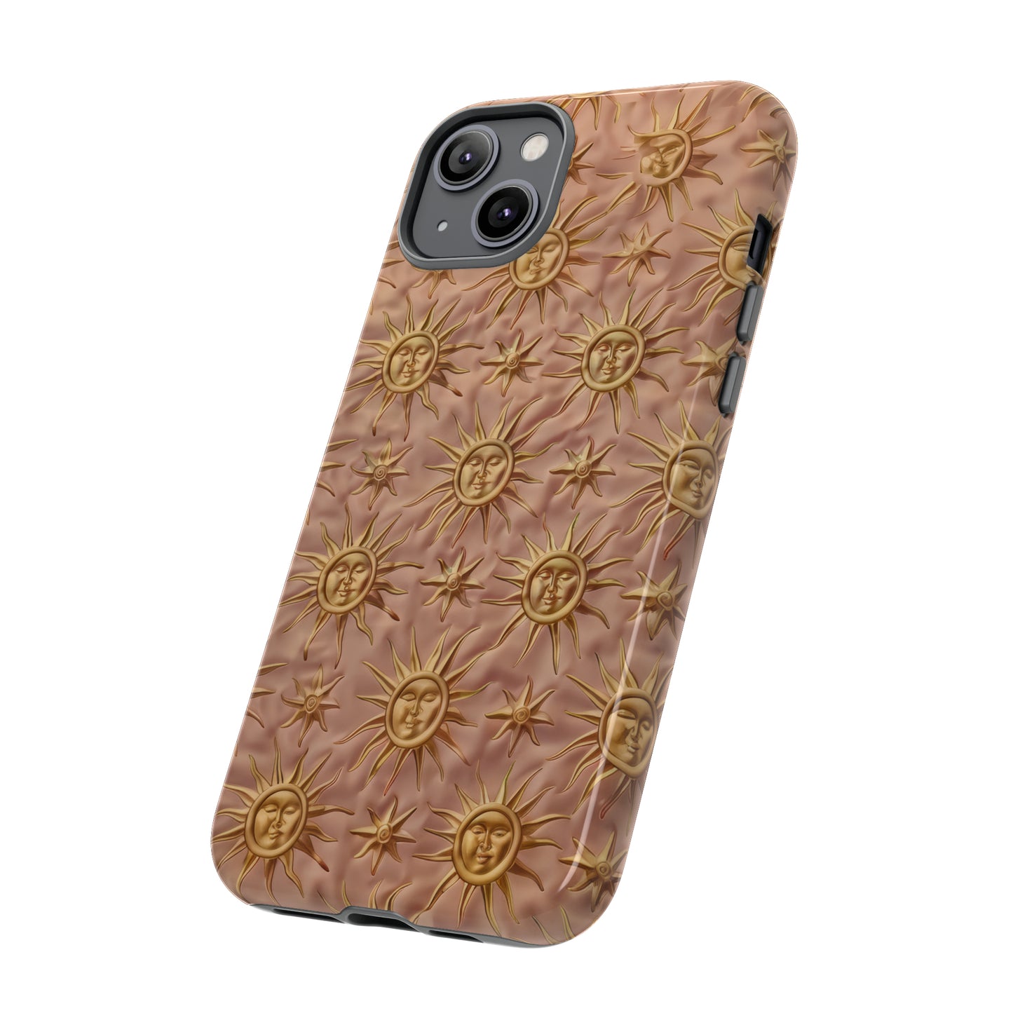 Custodia per iPhone con motivo sole celeste, design solare 3D strutturato, custodia protettiva lussuosa, custodie per telefono resistenti