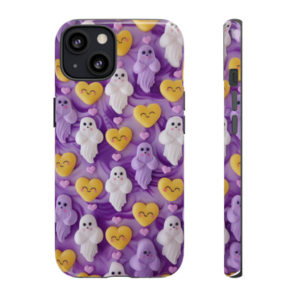 Purple Passion Ghostly Hearts Phone Case, Adorable Spirits with Love Emojis Cover for Smartphones, Tough Phone Cases