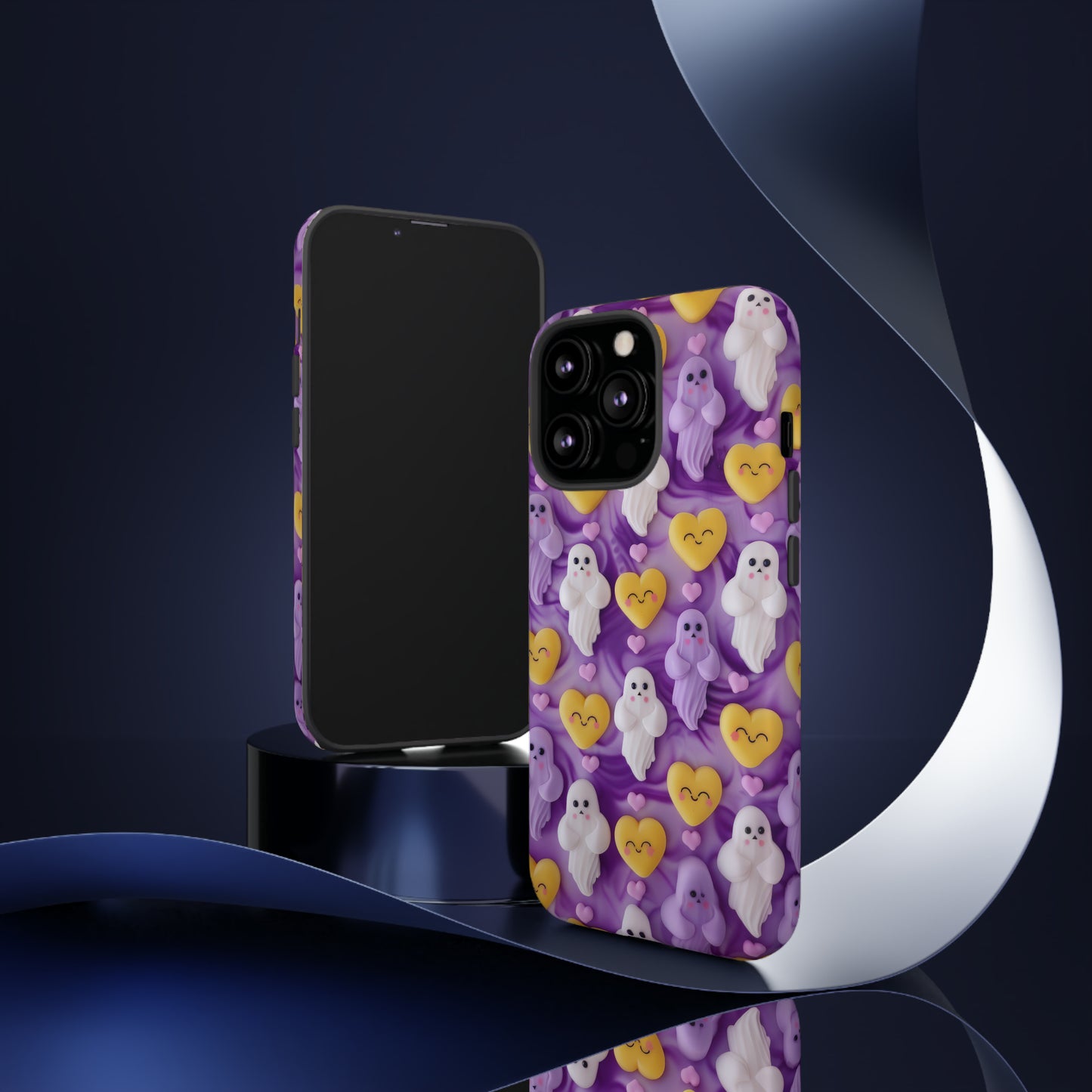 Purple Passion Ghostly Hearts Phone Case, Adorable Spirits with Love Emojis Cover for Smartphones, Tough Phone Cases