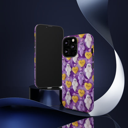 Purple Passion Ghostly Hearts Phone Case, Adorable Spirits with Love Emojis Cover for Smartphones, Tough Phone Cases