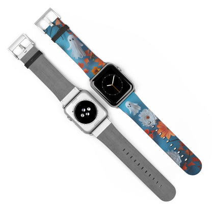 Charming Ghosts and Autumn Leaves Apple Watch Band, Spooky Cute Floral Design, Seasonal Smartwatch Strap. Apple Watch Band Apple Watch Straps For Series 4 5 6 7 8 9 ULTRA SE 38/40/41mm & 42/44/45mm Vegan Faux Leather Band