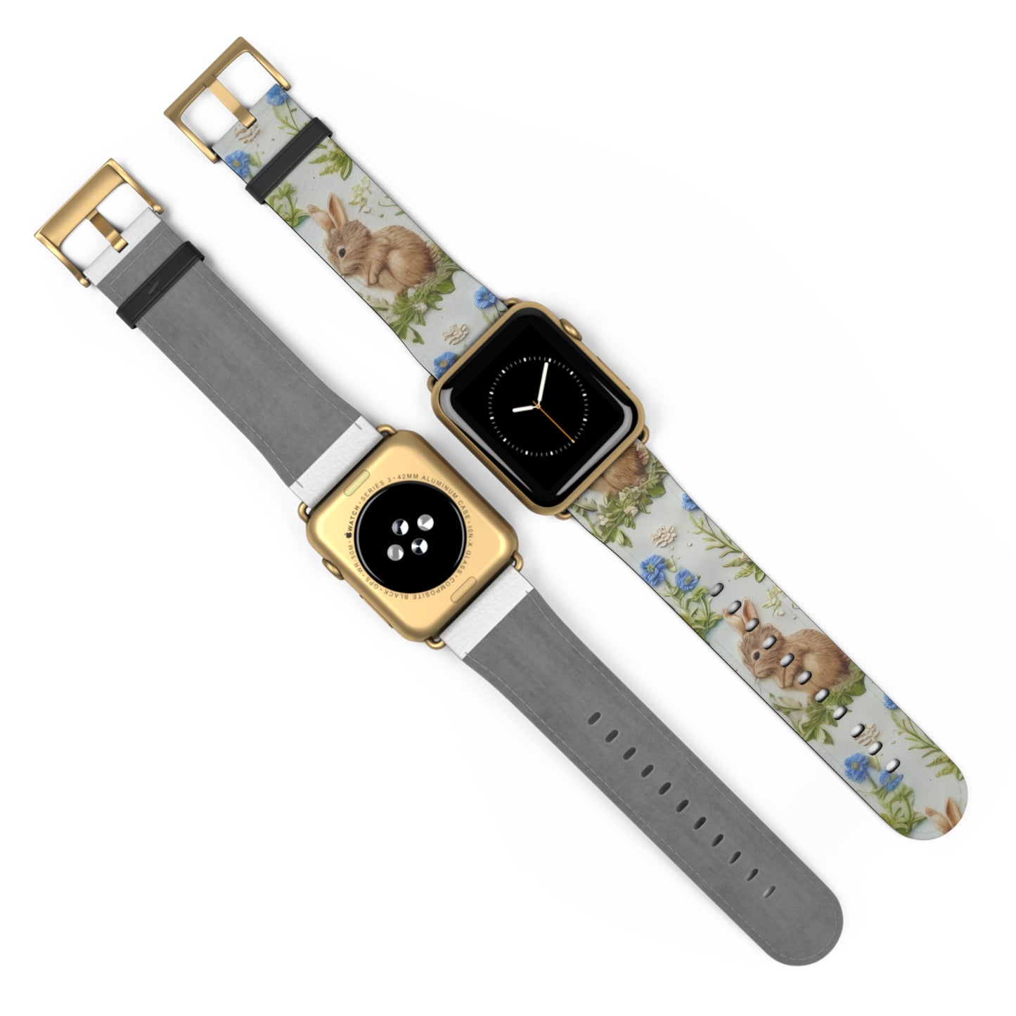 Springtime Bunny & Florals Apple Watch Band, Charming Rabbit Illustration, Pastel Blue Smartwatch Accessory. Apple Watch Band Apple Watch Straps For Series 4 5 6 7 8 9 ULTRA SE 38/40/41mm & 42/44/45mm Vegan Faux Leather Band