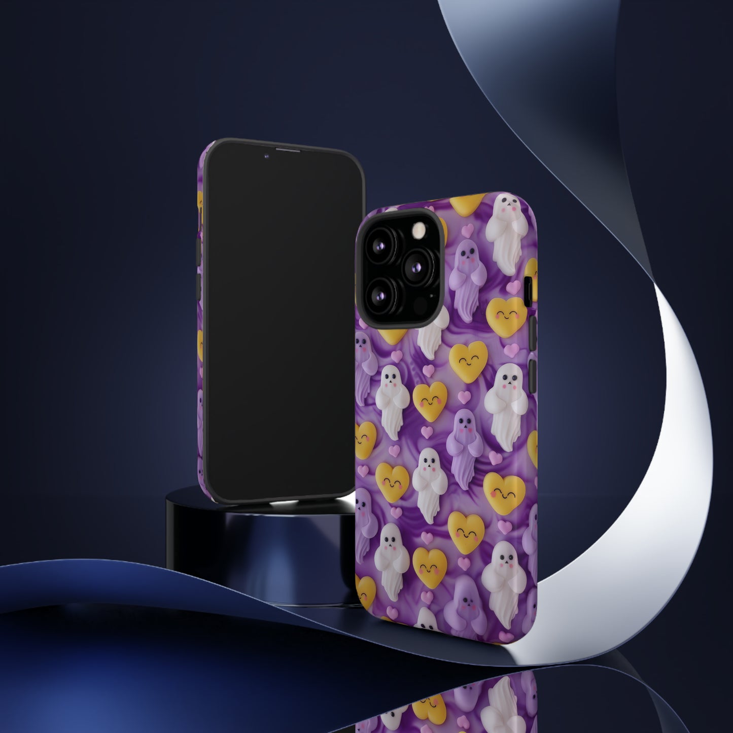 Purple Passion Ghostly Hearts Phone Case, Adorable Spirits with Love Emojis Cover for Smartphones, Tough Phone Cases